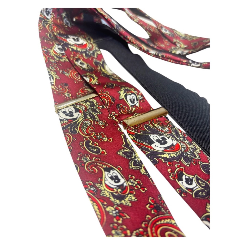 RARE Mickey Inc 100% Silk Suspenders Paisley Mouse Print Disney Red Gold Korea
